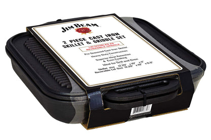 A two-piece Jim Beam® black cast iron skillet and griddle set, securely packaged in white and black cardboard detailing the product's features.