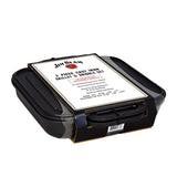 The Jim Beam Cast Iron Skillet and Griddle Set comes in a black box with a white label listing features. The set includes a pre-seasoned skillet and reversible griddle, both with handles and wrapped in plastic for added protection.