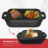 The Jim Beam Cast Iron Skillet and Griddle Set by Jim Beam features a black pre-seasoned skillet with handles and a reversible lid—use it as a ribbed grill for steaks or a flat griddle for burritos. Reversible lid, pre-seasoned cookware.