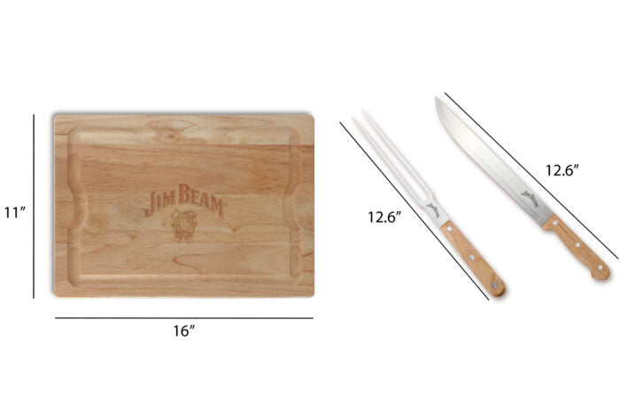 A wooden cutting board engraved with "Jim Beam" next to two carving knives with dimensions labeled, all displayed against a white background.