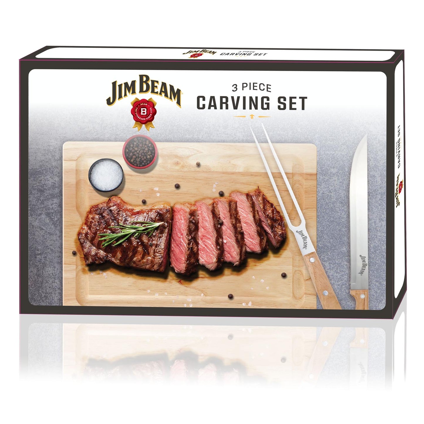 A Jim Beam 3-piece carving set package including a carving knife, fork, and sharpener. The image on the box shows sliced steak on a wooden board.