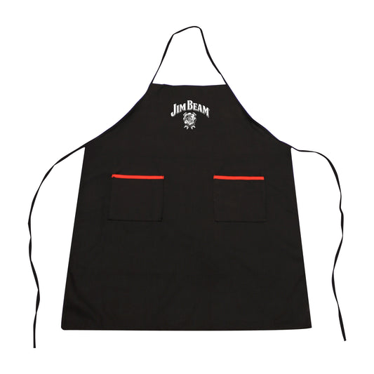 Black apron with the Jim Beam® logo at the top, featuring two red-lined pockets at the front and adjustable ties.