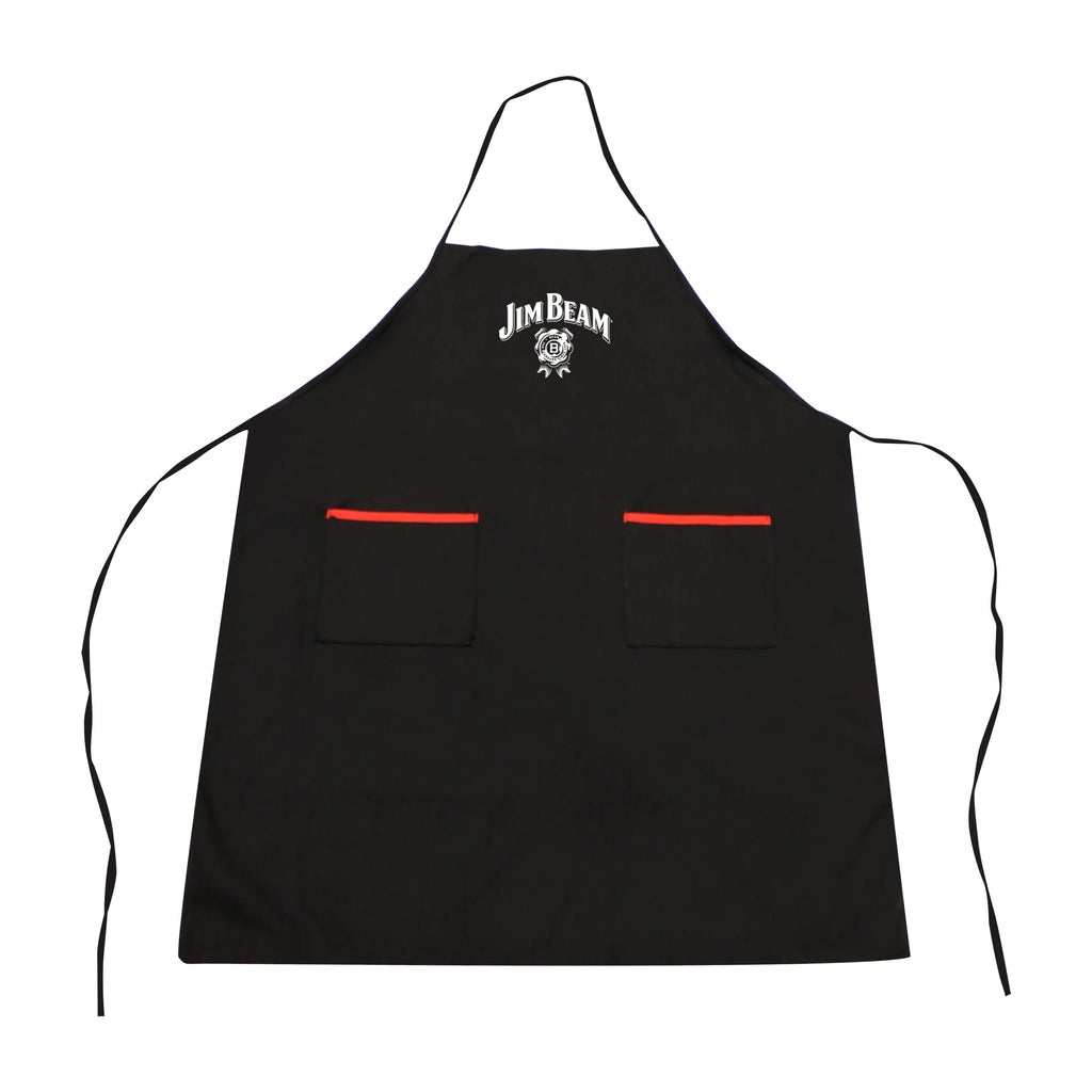 The Jim Beam Classic Grilling Apron features the Jim Beam logo and emblem at the top center, two front pockets with red trim, and long waist ties. This black BBQ apron is shown laid flat on a white background.