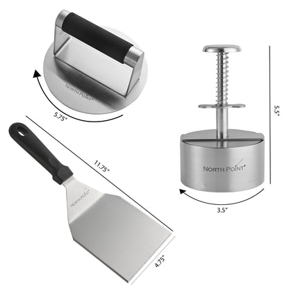 North Point® 3 piece burger kit includes one burger press with black handle, one patty maker, one burger turner with black handle displaying on a white background, featuring measurements indicating a burger press size: 5.75", patty maker size: 5.5" by 3.5" and burger turner size: 11.75" by 4.75".