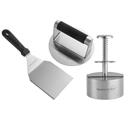 North Point® 3 piece burger kit includes one burger press with black handle, one patty maker, one burger turner with black handle displaying on a white background.