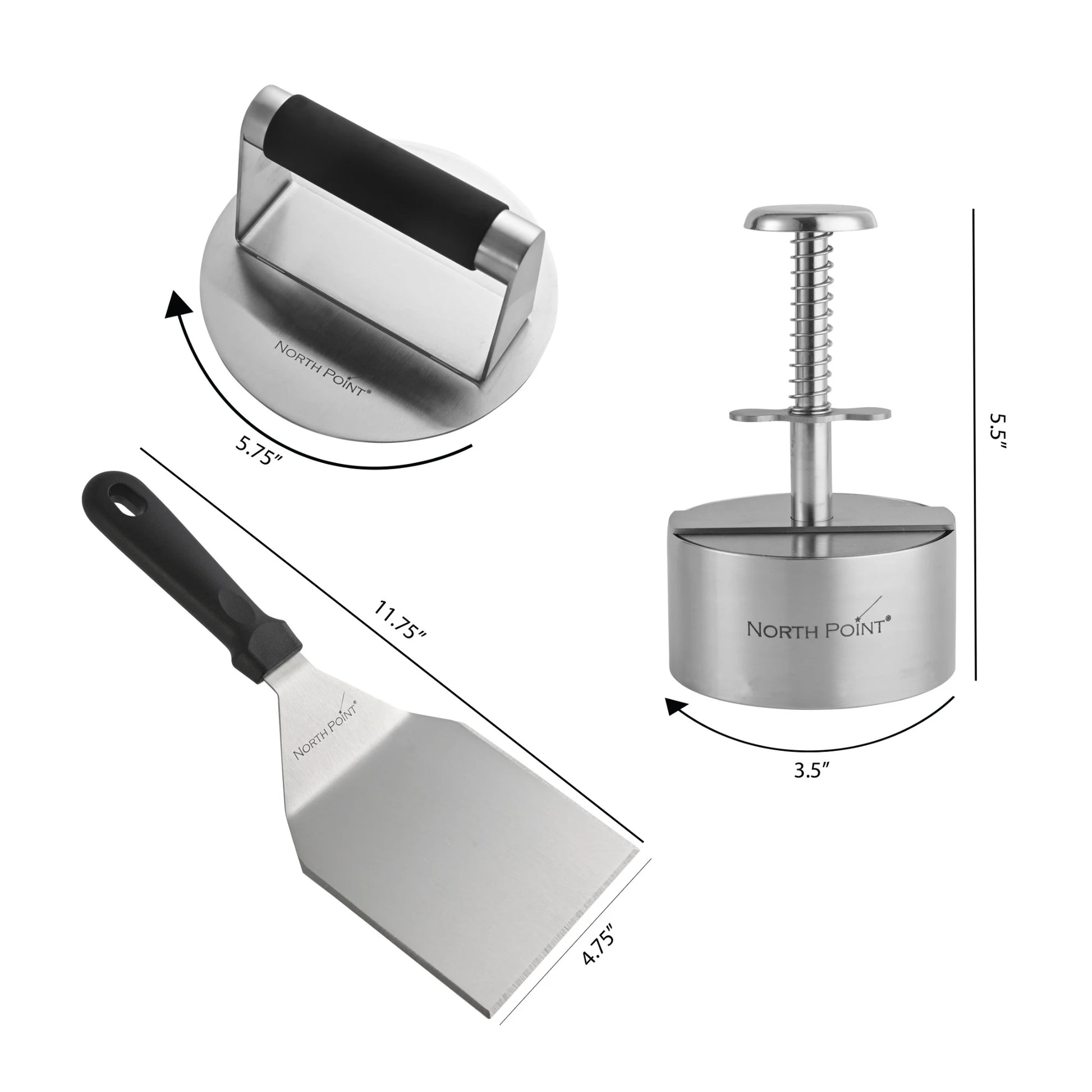 The North Point 3 Piece Burger Kit features a 5.5 burger press, 5.75 grill press, and an 11.75 spatula—ideal stainless steel tools for grilling fans.