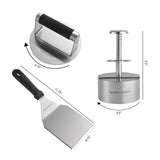 The North Point 3 Piece Burger Kit features a 5.5 burger press, 5.75 grill press, and an 11.75 spatula—ideal stainless steel tools for grilling fans.
