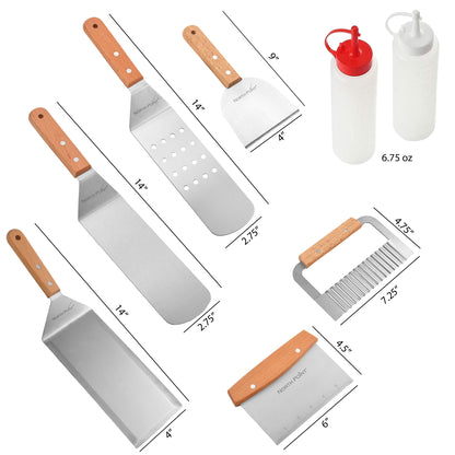 North Point® 8 piece griddle set featuring measurements indicating a turner size: 14" by 4", slotted spatula size: 14" by 2.75", long griddle spatula size: 14" by 2.75", scraper size: 9" by 4", chopper size: 6" by 4.5", wave cutter size: 7.25" by 4.75" and squeeze bottles capacity: 6.75 oz.