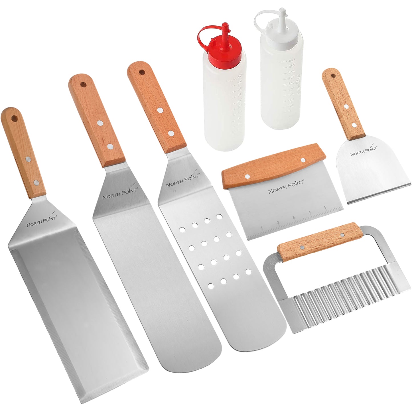 North Point® 8 piece griddle set includes one turner with wooden handle, one slotted spatula with wooden handle, one long griddle spatula with wooden handle, one scraper with wooden handle, one chopper with wooden handle, one wave cutter with wooden handle and two squeeze bottles one with red cap and one with white cap displaying on a white background.