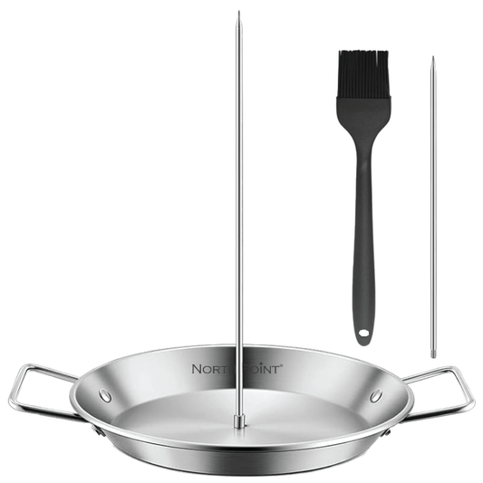 North Point® 4 piece skewer grill topper set includes one grill pan, two skewers and one black basting brush displaying on a white background.