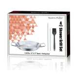 North Point 4 Piece Skewer Grill Topper Set by North Point includes a grill topper, 8 and 12 inch stainless-steel skewers, and a basting brush. The front of box packaging displays a geometric orange pattern with product details for this BBQ skewer set.