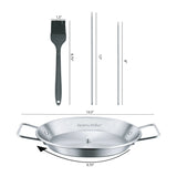 The North Point 4 Piece Skewer Grill Topper Set includes a 9.75 x 13.5 inch round handled pan, a 9.75 x 1.5 inch silicone brush, and two stainless steel skewers (12 and 8 inch).