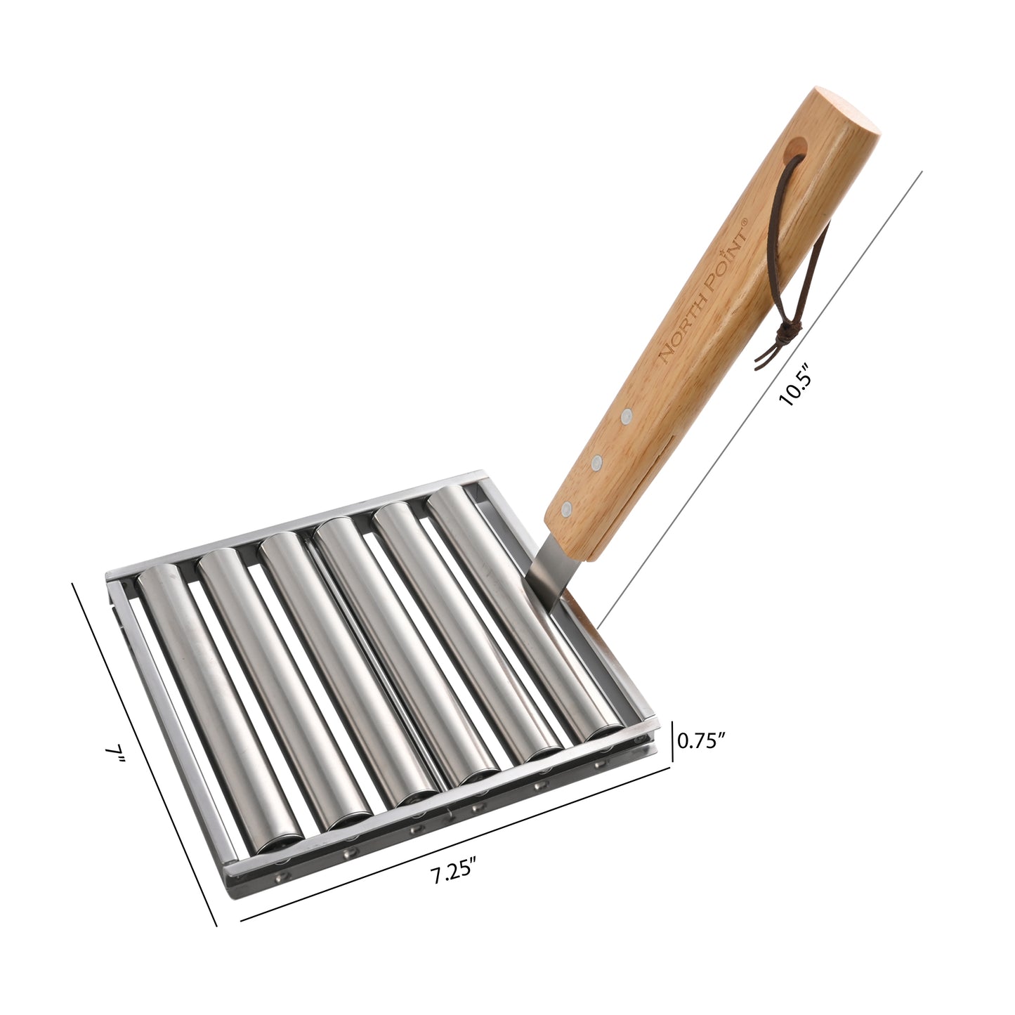 North Point® stainless steel hot dog roller with detachable wooden handle displaying on a white background, featuring measurements indicating a hot dog roller size: 7.25" by 7" by 0.75", handle size: 10.5".