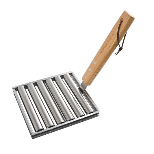 The North Point Hot Dog Roller by North Point features stainless steel construction, a wooden handle, and leather strap—ideal for grilling multiple hot dogs evenly over an open flame or grill.