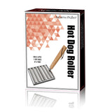 Box packaging for the North Point Hot Dog Roller by North Point, showing its stainless-steel build and wooden handle. Front text reads: Grills up to 5 hot dogs at a time! A great grill accessory.