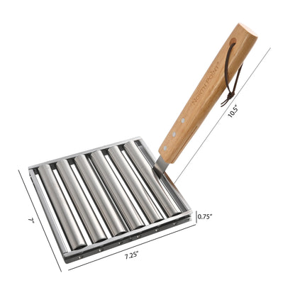 The North Point Hot Dog Roller by North Point features stainless-steel construction, six rollers, a 10.5-inch wooden handle with a leather strap, and measures 7 x 7.25 x 0.75 inch.