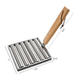 The North Point Hot Dog Roller by North Point features stainless-steel construction, six rollers, a 10.5-inch wooden handle with a leather strap, and measures 7 x 7.25 x 0.75 inch.
