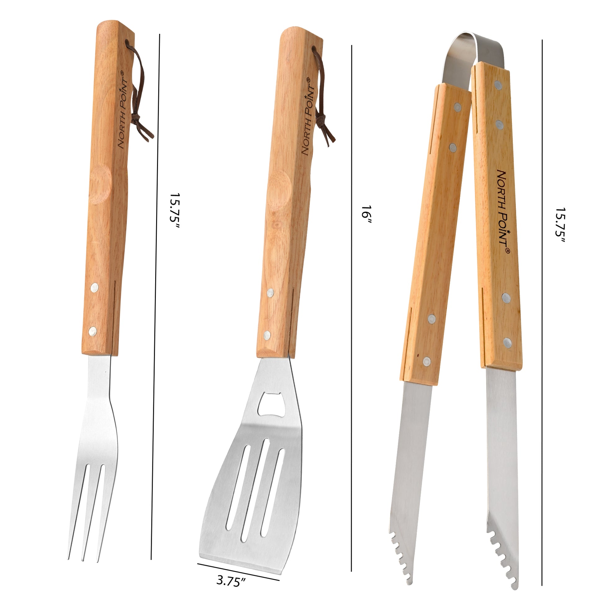 North Point® 3 piece BBQ tool set includes one 3-in-1 spatula, one fork, one tongs all with wooden handle displaying on a white background, featuring measurements indicating a 3-in-1 spatula size: 16" by 3.75", fork size: 15.75" and tongs size: 15.75".