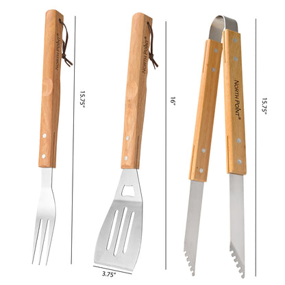 North Point® 3 piece BBQ tool set includes one 3-in-1 spatula, one fork, one tongs all with wooden handle displaying on a white background, featuring measurements indicating a 3-in-1 spatula size: 16" by 3.75", fork size: 15.75" and tongs size: 15.75".