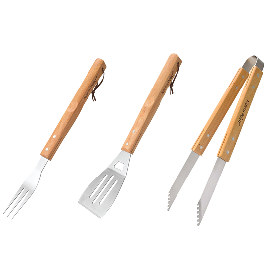 North Point® 3 piece BBQ tool set includes one 3-in-1 spatula, one fork, one tongs all with wooden handle displaying on a white background.