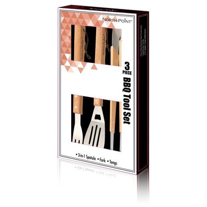 Colorful box packaging with some text and two windows to see inside products which are North Point® 3 piece BBQ tool set includes one 3-in-1 spatula, one fork, one tongs all with wooden handle.