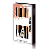 The North Point 3 Piece BBQ Tool Set includes stainless steel spatula, fork, and tongs with wooden handles in a branded box with a clear window for display.