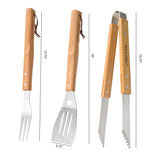The North Point 3 Piece BBQ Tool Set includes stainless steel fork (15.75inch), spatula (16 x 3.75inch), and tongs (15.75inch) with wooden handles engraved with NORTH POINT and labeled measurements for precision grilling.