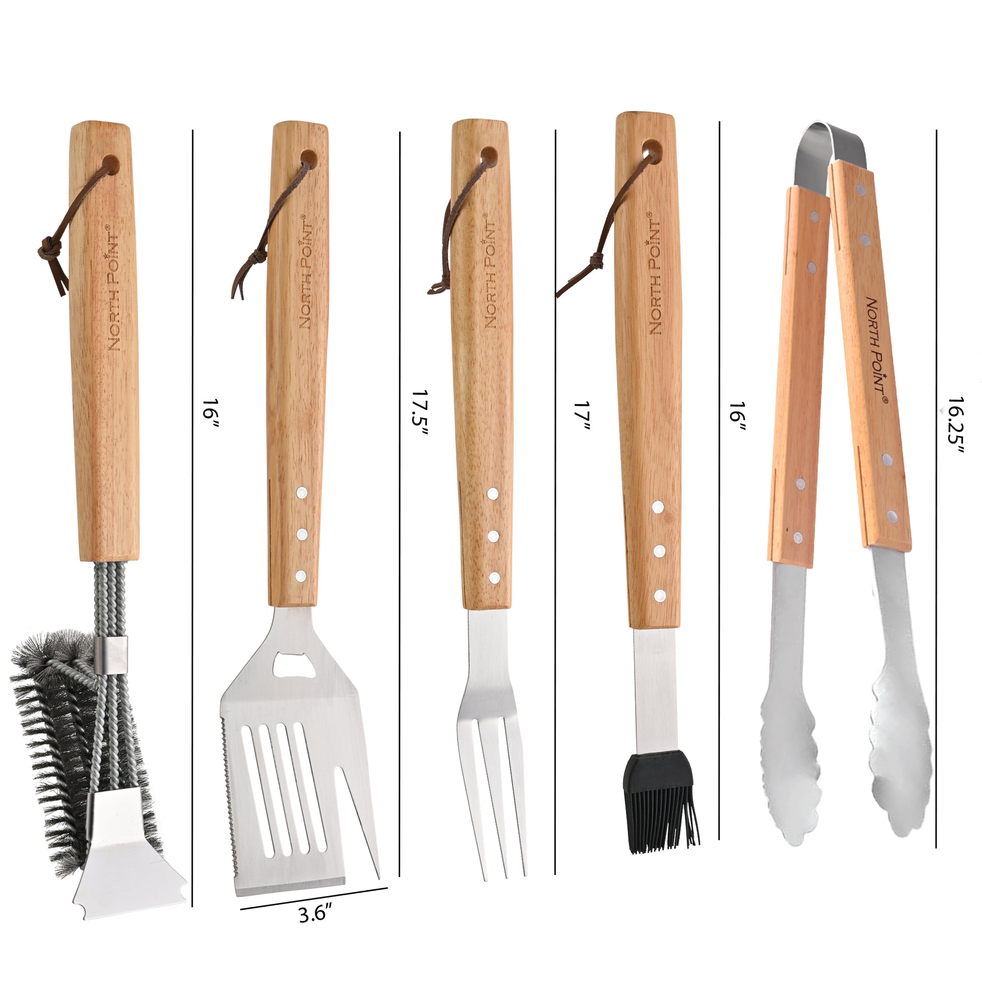 North Point® 5 piece BBQ tool set with 5-in-1 Spatula Size: 17.5″ long, 3.6″ wide, cleaning Brush Size: 16″ long, Fork Size: 17″ long, Basting Brush Size: 16″ long, Tongs Size: 16.25″ long.