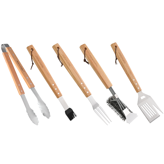 North Point® 5 piece BBQ tool set includes one 5-in-1 spatula, one grill brush, one fork, one basting brush and one tongs all with wooden handle displaying on a white background.