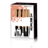 The North Point 5 Piece BBQ Tool Set includes stainless steel spatula, grill brush, fork, basting brush, and tongs with wooden handles. The box features a geometric design and product images on the front. Brand: North Point.