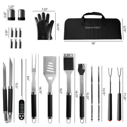 North Point® 20 piece BBQ tool set and carry case with Telescopic Forks Size: 11.25″ long, Basting Brush Size: 15.25″ long, Grill Brush Size: 16.75″ long, 5-in-1 Spatula Size: 16.5″ long, Fork Size: 16.75″ long, Tongs Size: 15.5″ long, Skewers Size: 13.75″ long, Thermometer Size: 9.5″ long, Mitten Size: 10.75″ x 7.25″, Corn Holders Size: 2.25″ long, Salt & Pepper Shaker Size: 2.25″ x 1.25″ Carry Bag Size: 18″ x 6.75″ x 2.5″.