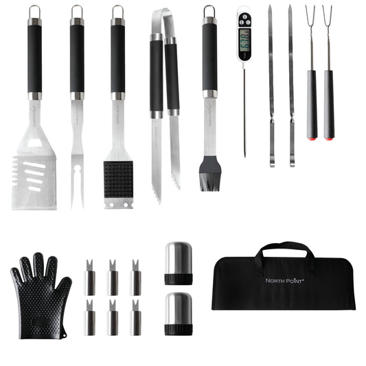 North Point® 20 piece BBQ tool set including 2 telescopic forks, 1 basting brush, 1 grill brush, 1 spatula, 1 fork, 1 tongs, 2 skewers, 1 thermometer, 1 mitten, 6 corn holders, 1 pair of salt & pepper shaker and 1 black carry case displaying on a white background.