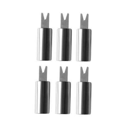 Six identical metal corn holders from the North Point 20 Piece BBQ Tool Set and Carry Case are arranged in two rows of three on a white background, each with shiny cylindrical handles and two-pronged forks—ideal for BBQs.