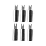 Six identical metal corn holders from the North Point 20 Piece BBQ Tool Set and Carry Case are arranged in two rows of three on a white background, each with shiny cylindrical handles and two-pronged forks—ideal for BBQs.