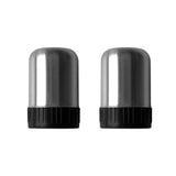 Two stainless steel caps with black ridged bases are shown side by side on a white background, featured as part of the North Point 20 Piece BBQ Tool Set and Carry Case—an essential grilling companion from North Point.