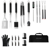 The North Point 20 Piece BBQ Tool Set includes stainless steel spatula, fork, basting brush, tongs, thermometer, skewers, meat forks, glove, corn holders, salt & pepper shakers—all in a black carry case. The ultimate grilling companion.