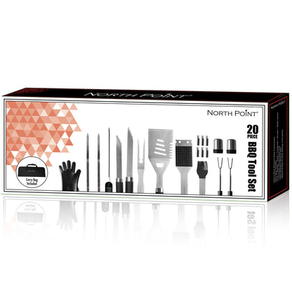 A North Point® 20 Piece BBQ Tool Set Box Image Showcasing 2 Telescopic Forks, 1 Basting Brush, 1 Grill Brush, 1 Spatula, 1 Fork, 1 Tongs, 2 Skewers, 1 Thermometer, 1 Mitten, 1 Carry Bag, 6 Corn Holders and 1 Pair of Salt & Pepper Shaker with Printed Text.