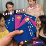 A hand displays seven colorful Think You Can Text? cards with witty phrases as four friends laugh together. At the top, text reads: “Great Party Game!” This hilarious adult game by Think You Can Text is a true game night essential.