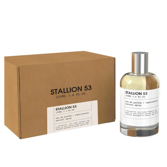 A brown rectangular box labeled Emper Unisex Stallion 53 EDP Spray 3.4 oz sits beside a clear bottle with a metallic cap, displaying light amber fragrance inside.