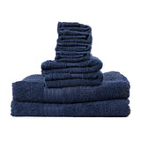 The Textilia Set of 8 Bath Towel Set by Textilia, crafted from 100% combed cotton in blue, is neatly folded and arranged in various sizes against a white background.