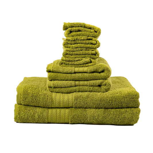 The Textilia Set of 8 Bath Towel Set by Textilia features neatly folded, green, 100% combed cotton towels in various sizes—perfect for everyday use and displayed on a white background.