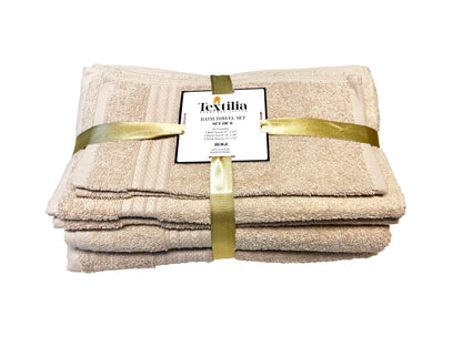 Textilia Set of 6 Bath Towel Set - Beige with label displayed on the white background.