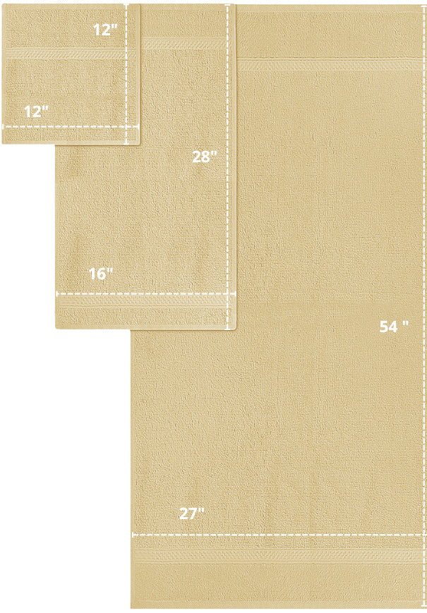 Textilia Set of 6 Bath Towel Set - Beige showing dimension Beige towels stack, 550 GSM. Bath: 27” x 54”, Hand: 16” x 28”, Washcloth: 12” x 12”.