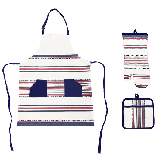 Textilia™ 3 piece kitchen set includes apron with two pockets, mitten, and pot holder in patriotic red, white, and blue stripes displaying on a white background.