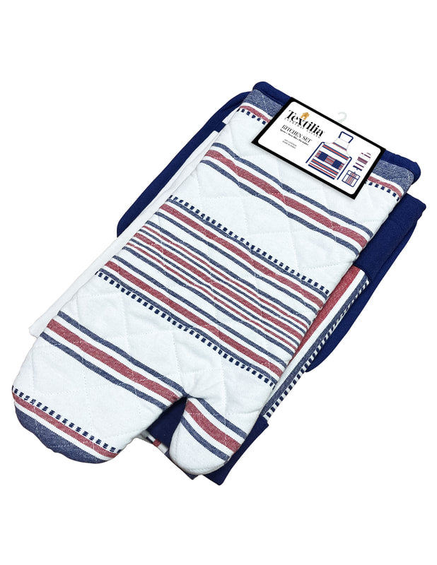 Textilia™ 3 piece kitchen set includes apron with two pockets, mitten, and pot holder in patriotic red, white, and blue stripes displaying on a white background, includes a white label with some text and product image of apron, mitten, and pot holder.