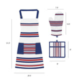 The Textilia 3 Piece Kitchen Set features a red, white, and blue striped cotton apron (31.5x25.5), oven mitt (14.5x7.5), and quilted pot holder (9x9)—all with matching stripes. Brand: Textilia.