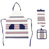 The Textilia 3 Piece Kitchen Set includes a white apron with red, blue, and beige stripes, navy pockets, and blue trim, plus a matching striped oven mitt and quilted pot holder—all by Textilia.