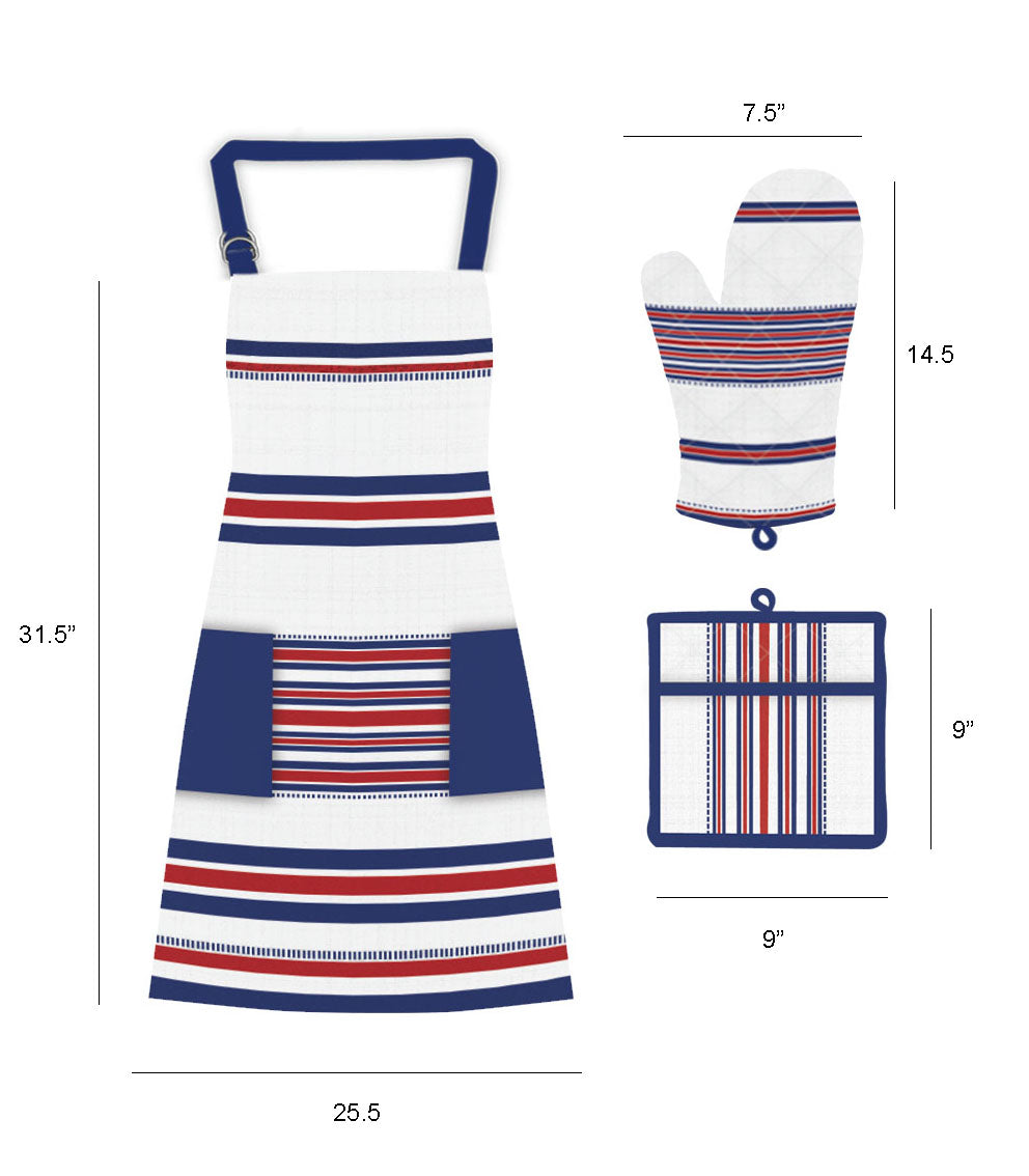 Textilia™ 3 piece kitchen set includes apron with two pockets, mitten, and pot holder in patriotic red, white, and blue stripes displaying on a white background, featuring measurements indicating a apron size: 25.5” by 31.5”, mitten size: 7.5” by 14.5”, and potholder size: 9” by 9”.