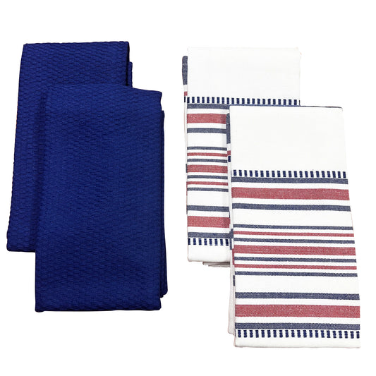 Textilia™ 4 piece cotton kitchen towel set includes two solid blue towels and two striped towels in red, white and blue color displaying on a white background.