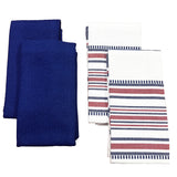 The Textilia 4 Piece Kitchen Towel Set by Textilia features two folded blue quick-dry towels and two folded white 100% cotton towels with red and blue stripes, all displayed on a white background.